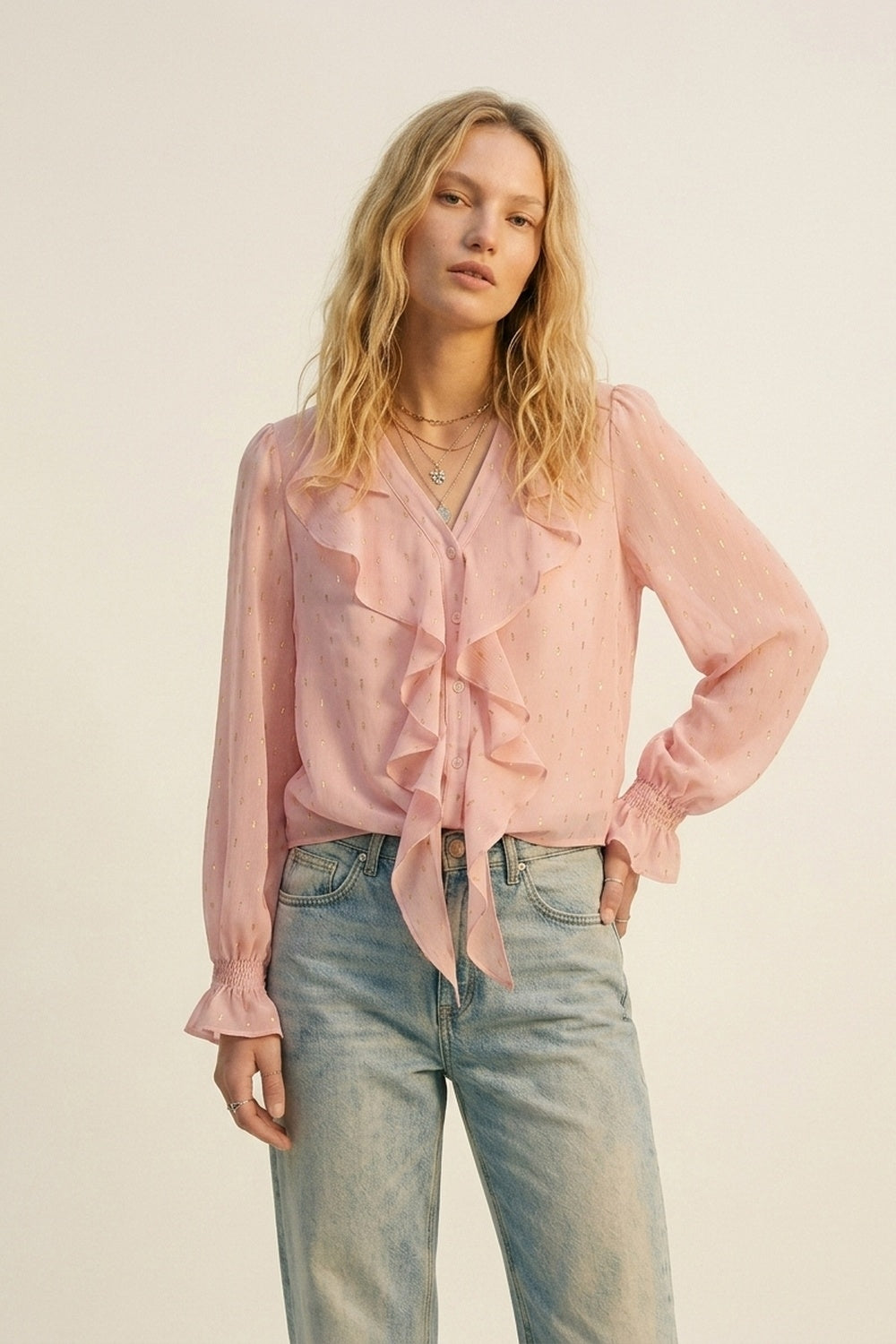 Gold Polka-Dot Chiffon Ruffle Button Blouse in Light Pink