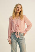 Gold Polka-Dot Chiffon Ruffle Button Blouse in Light Pink