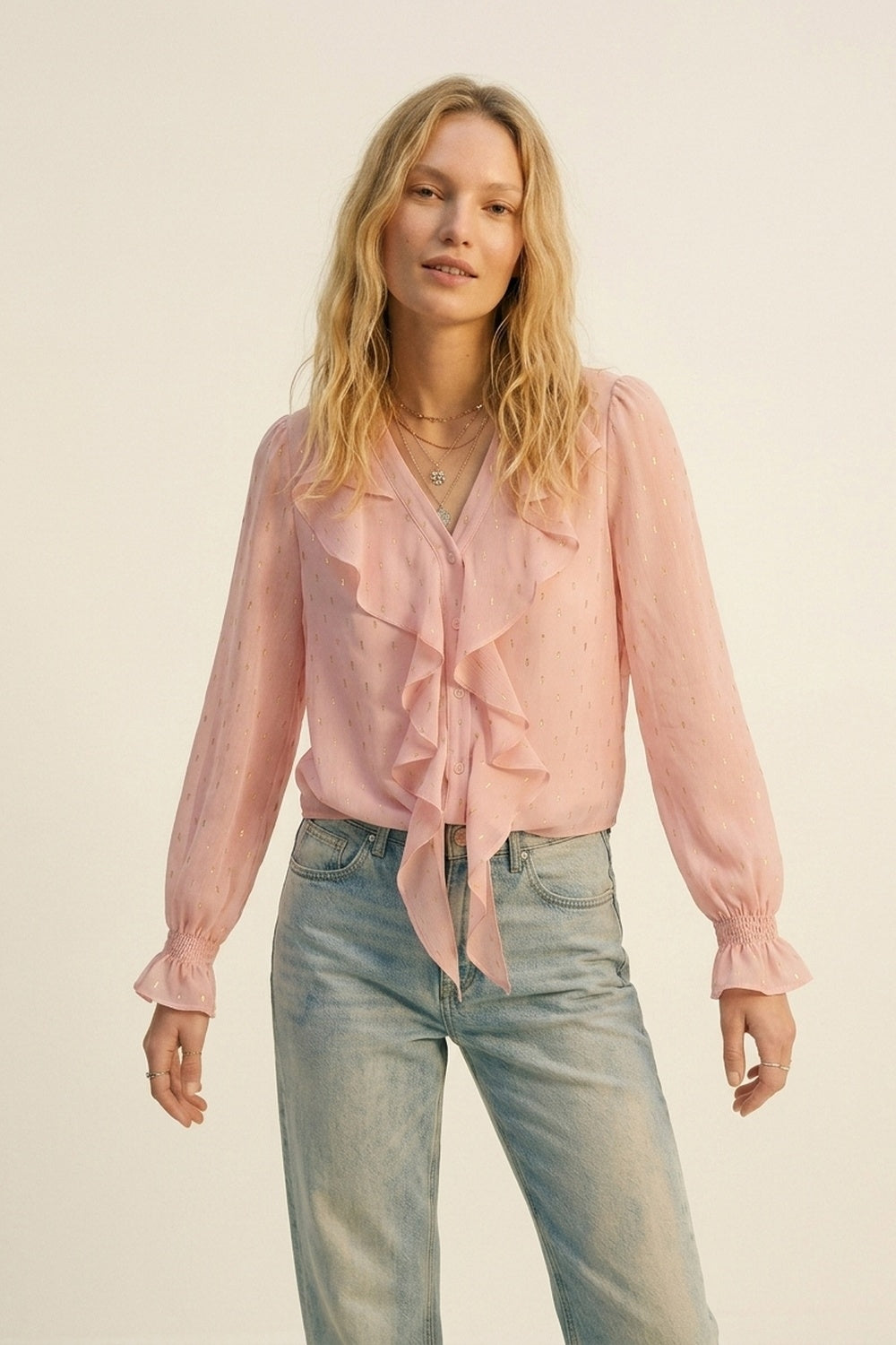 Gold Polka-Dot Chiffon Ruffle Button Blouse in Light Pink