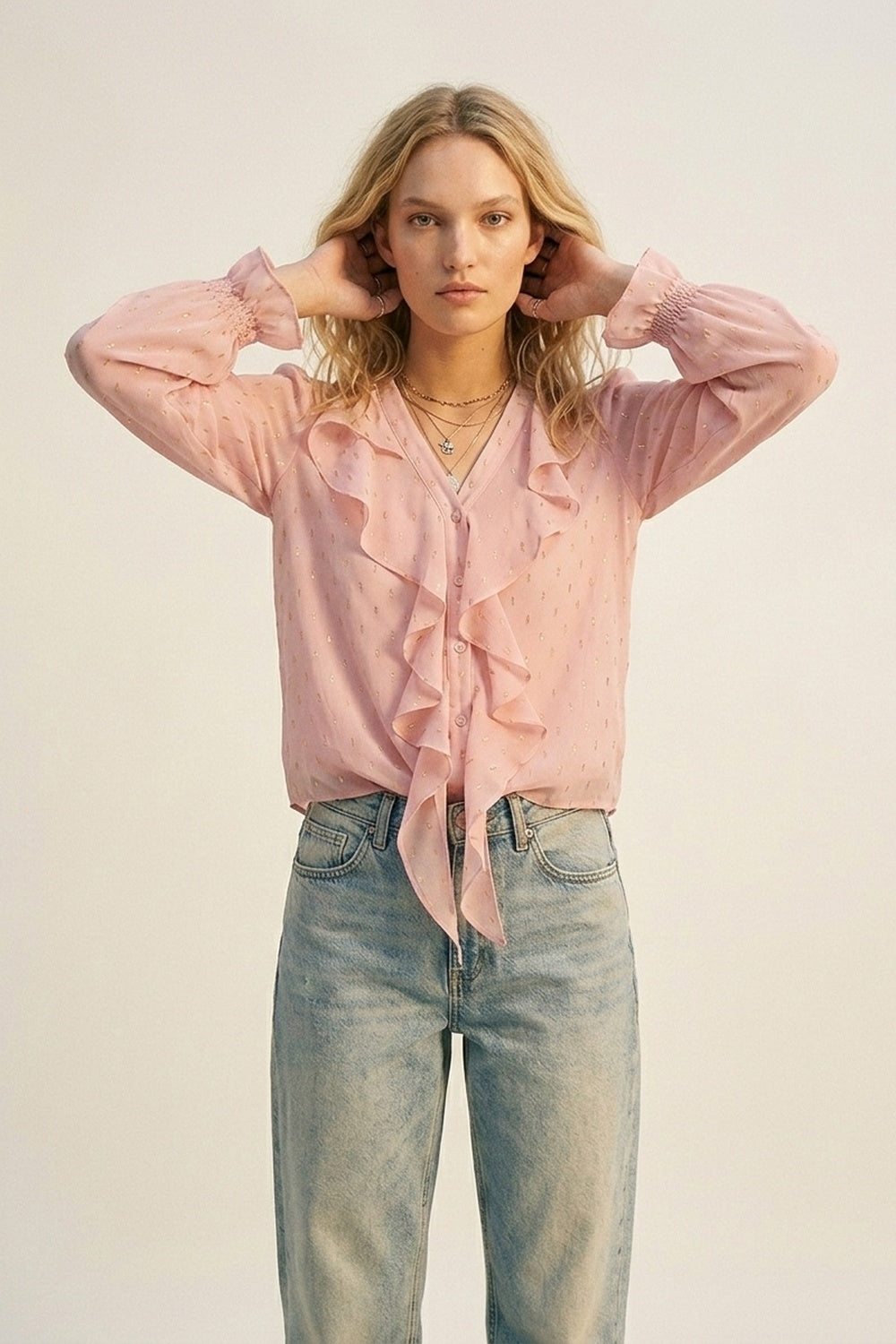 Gold Polka-Dot Chiffon Ruffle Button Blouse in Light Pink