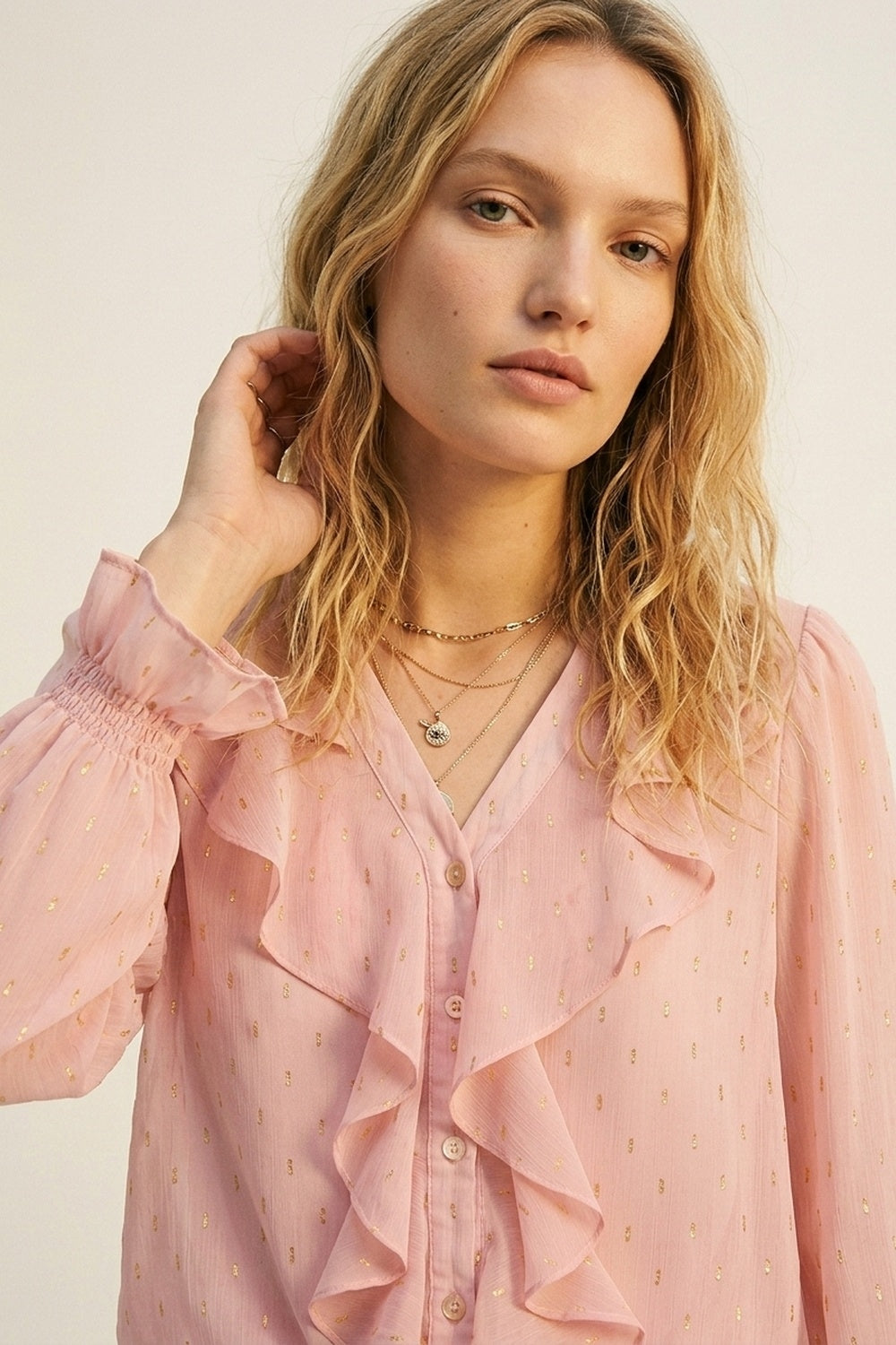 Gold Polka-Dot Chiffon Ruffle Button Blouse in Light Pink