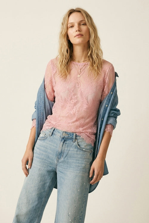 Pink Lace Long Sleeve Sheer Top with Floral Detail