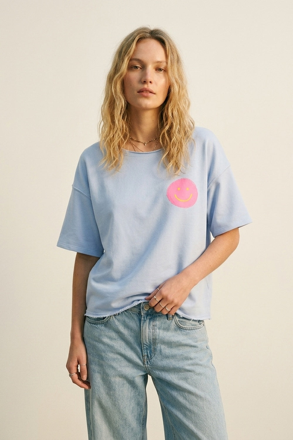 Light Blue Relaxed Fit sweatshirt with Pink Smiley