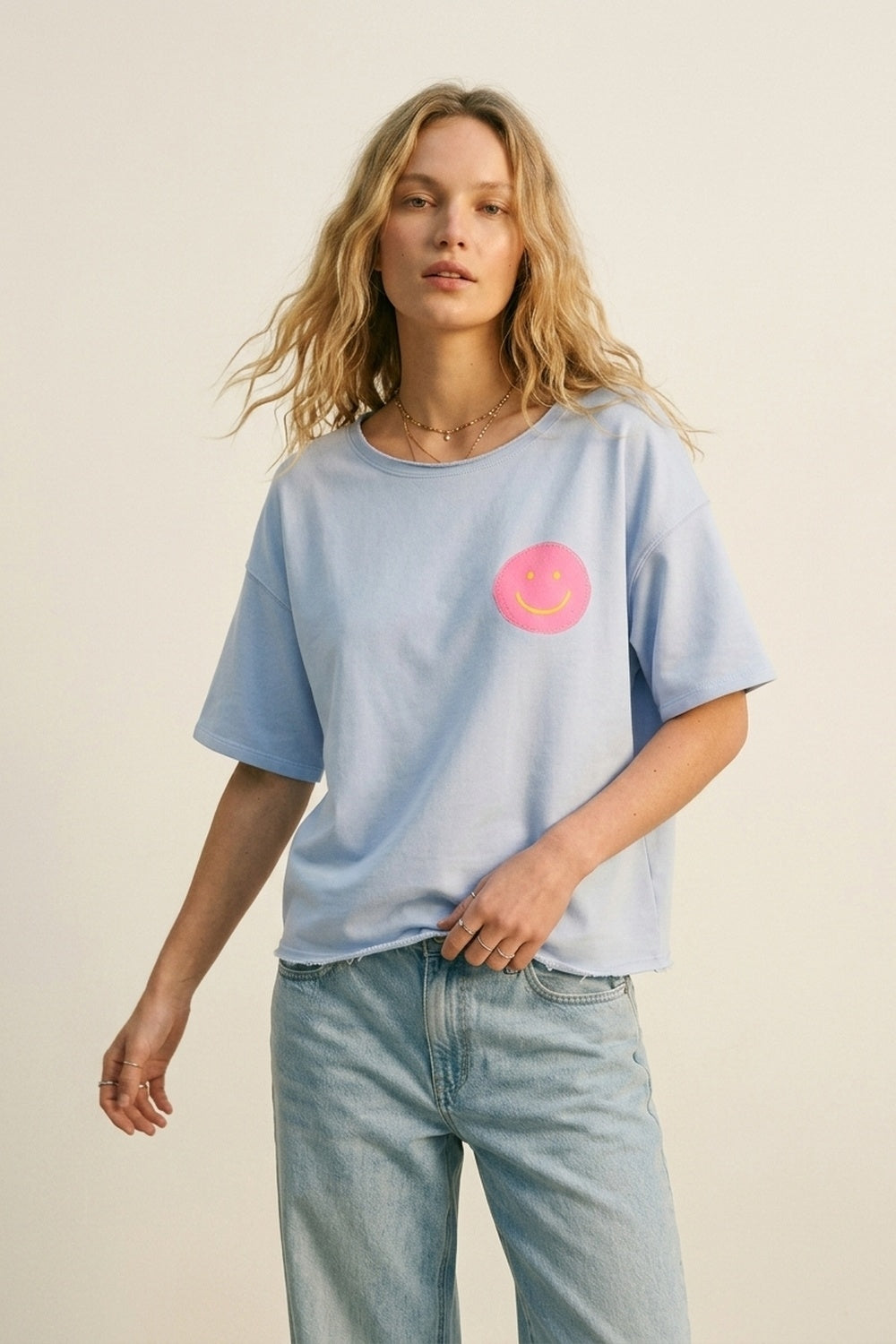 Light Blue Relaxed Fit sweatshirt with Pink Smiley