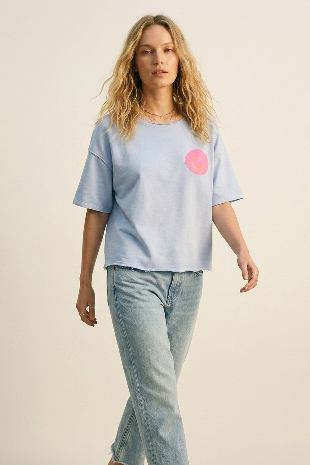 Light Blue Relaxed Fit sweatshirt with Pink Smiley
