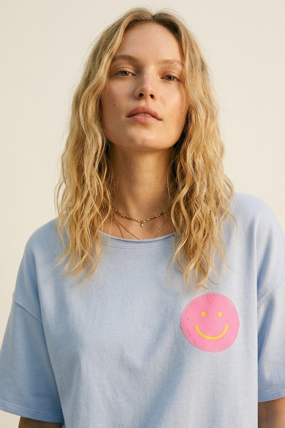Light Blue Relaxed Fit sweatshirt with Pink Smiley