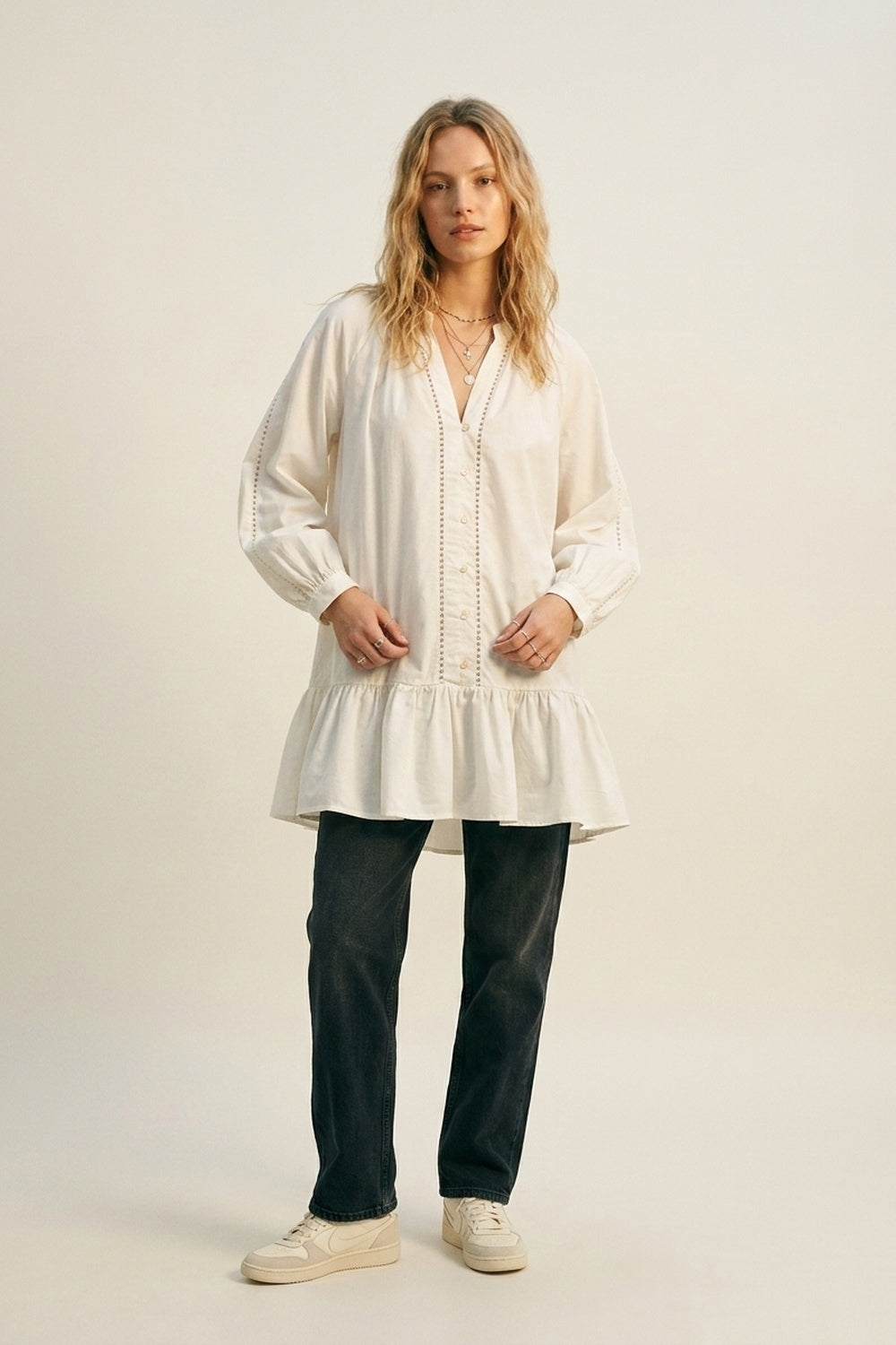 UNIKCOSA Lightweight Cotton Poplin Peasant Dress in white with Ruffle Hem