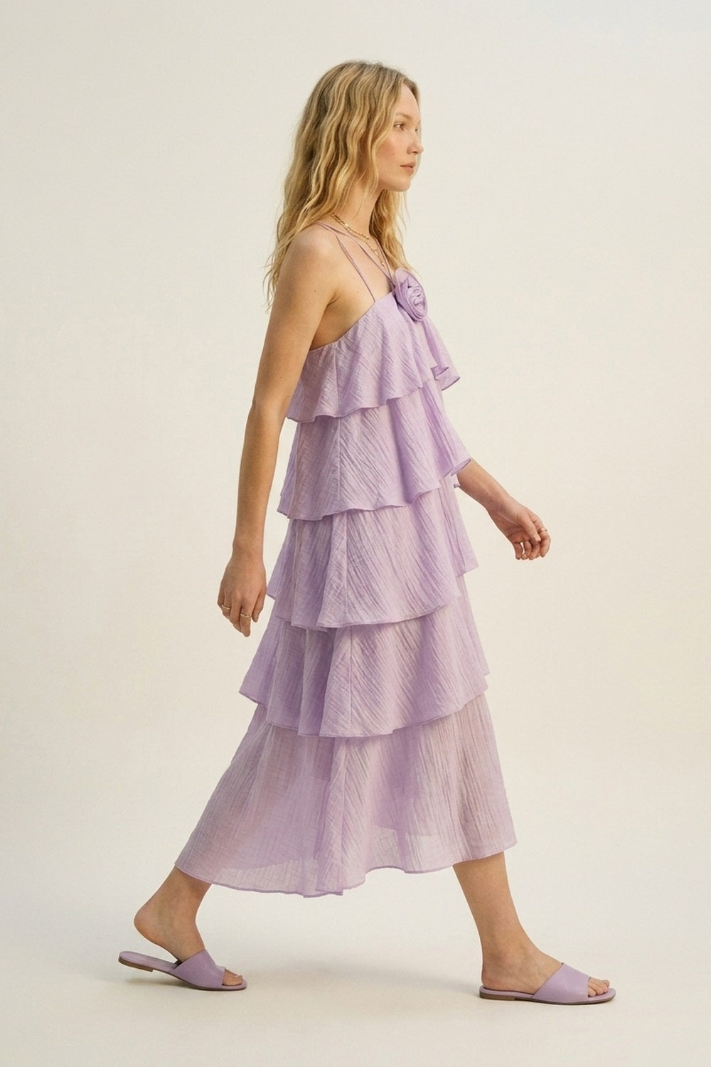 UNIKCOSA Lilac Crinkled Woven Tiered Ruffle Rose Detail maxi Dress