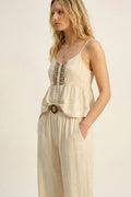 Cream Button-Front Peplum Top with Embroidered detail