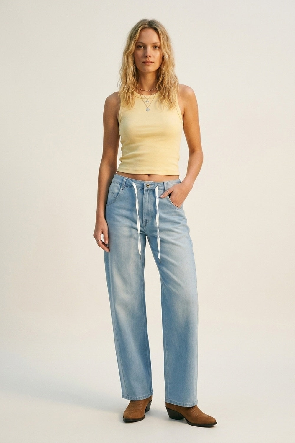 UNIKCOSA Light Blue Drawstring Relaxed Fit Denim Jeans