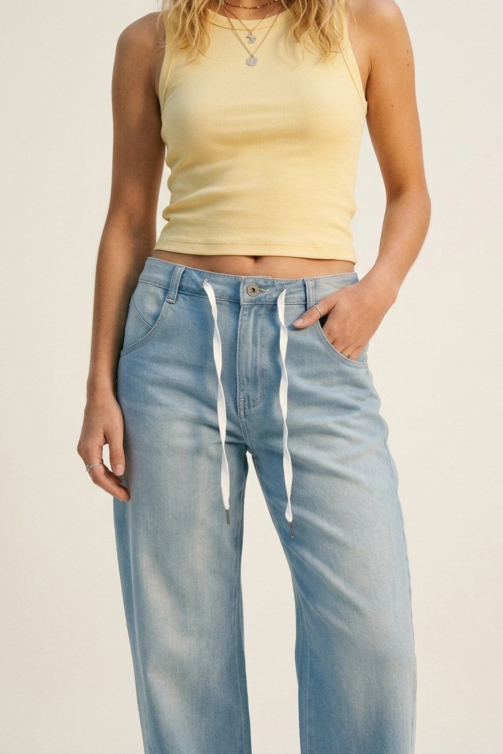 UNIKCOSA Light Blue Drawstring Relaxed Fit Denim Jeans