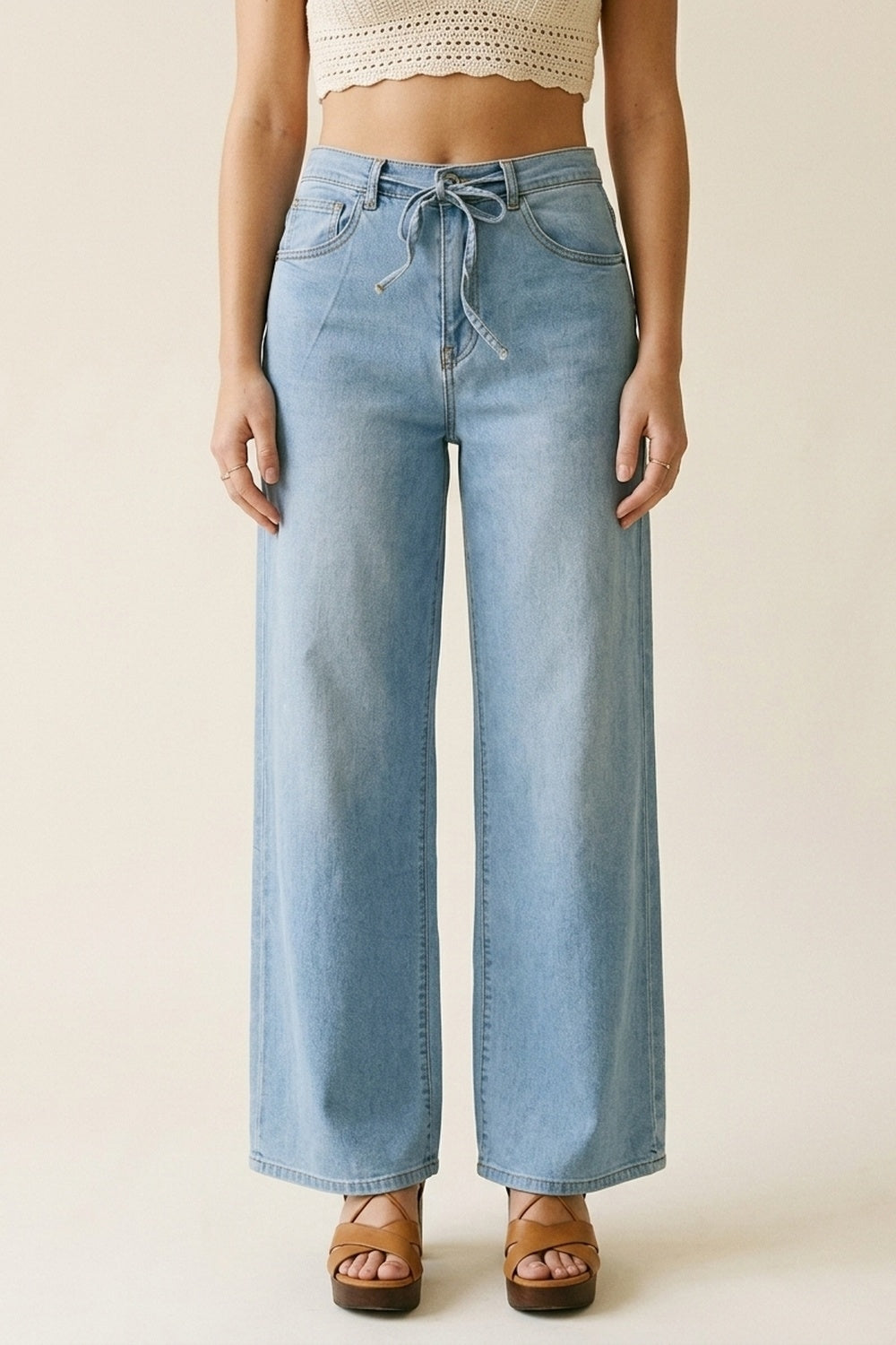 UNIKCOSA Light Blue Wide-Leg Denim Pants with Drawstring Waist