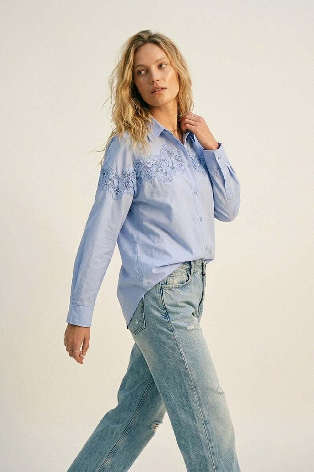 UNIKCOSA Light Blue Button-Down Shirt with Lace Detail