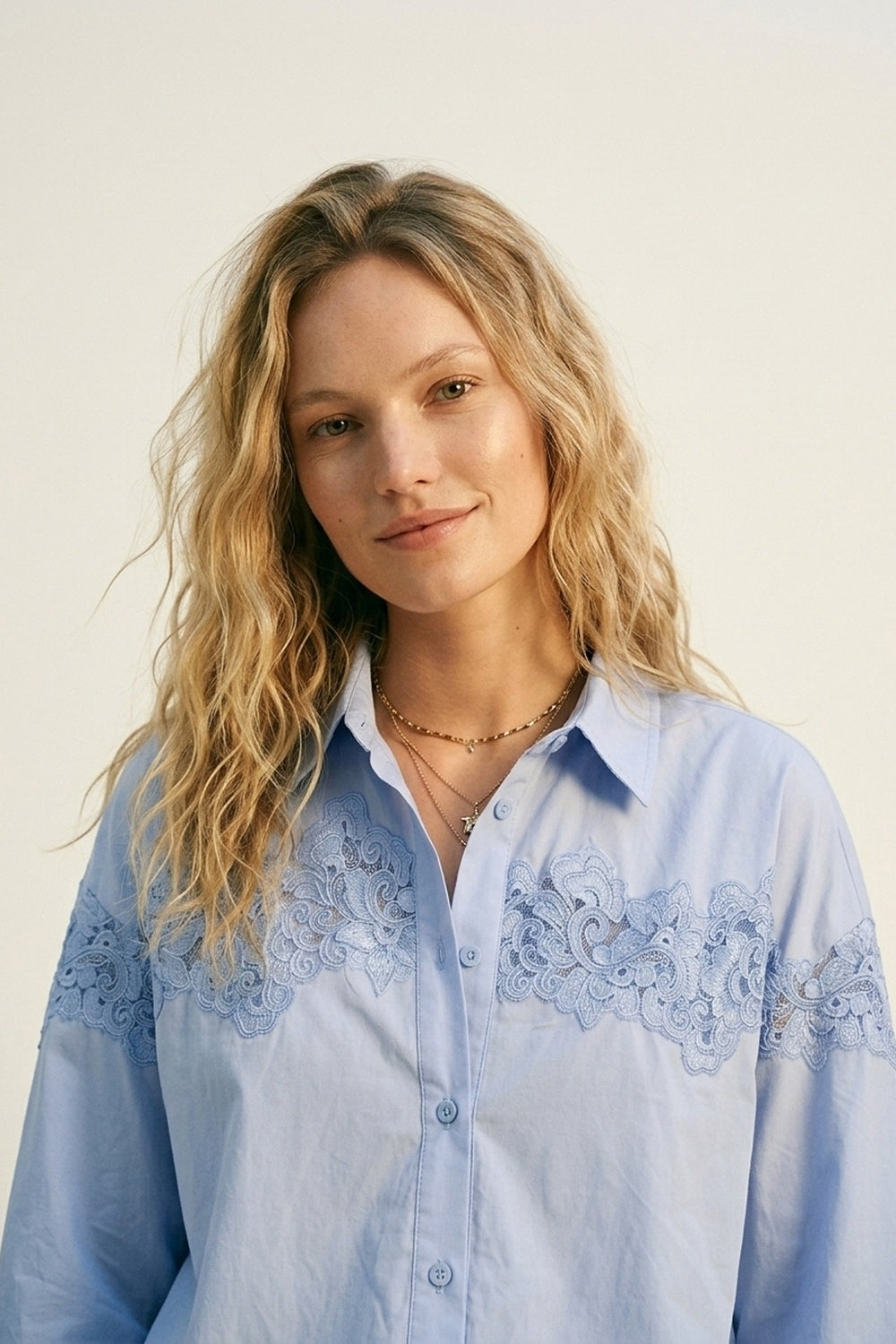 UNIKCOSA Light Blue Button-Down Shirt with Lace Detail