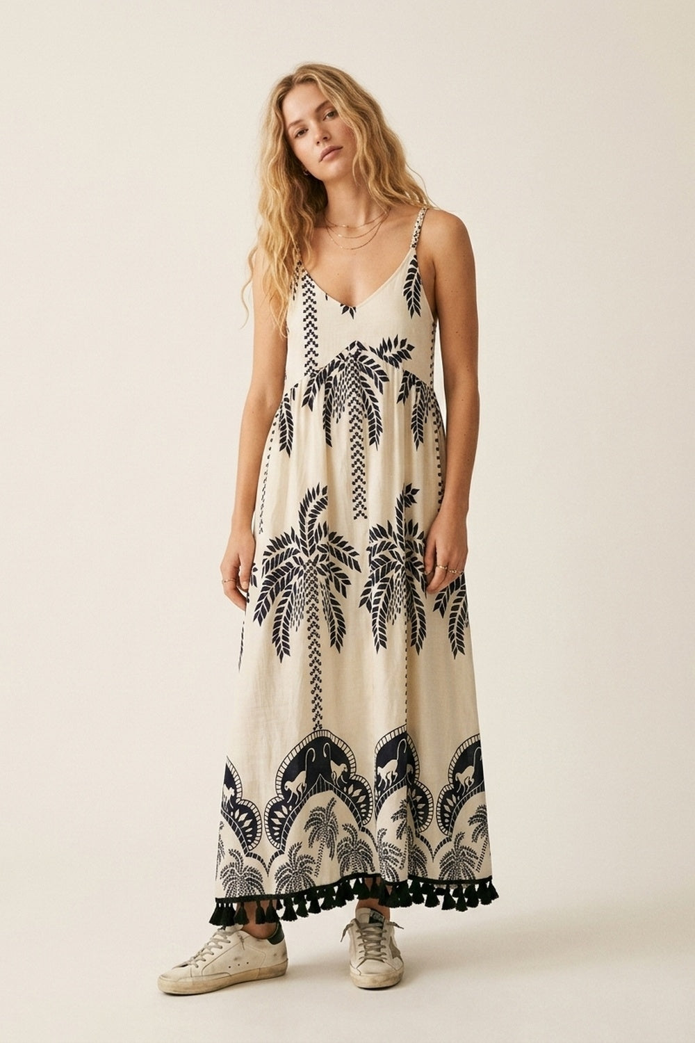 UNIKCOSA Cream Maxi Dress with navy Palm Print and Tassels