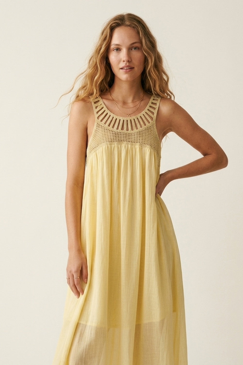 UNIKCOSA Yellow Crochet Yoke Maxi Dress with Flowing Skirt