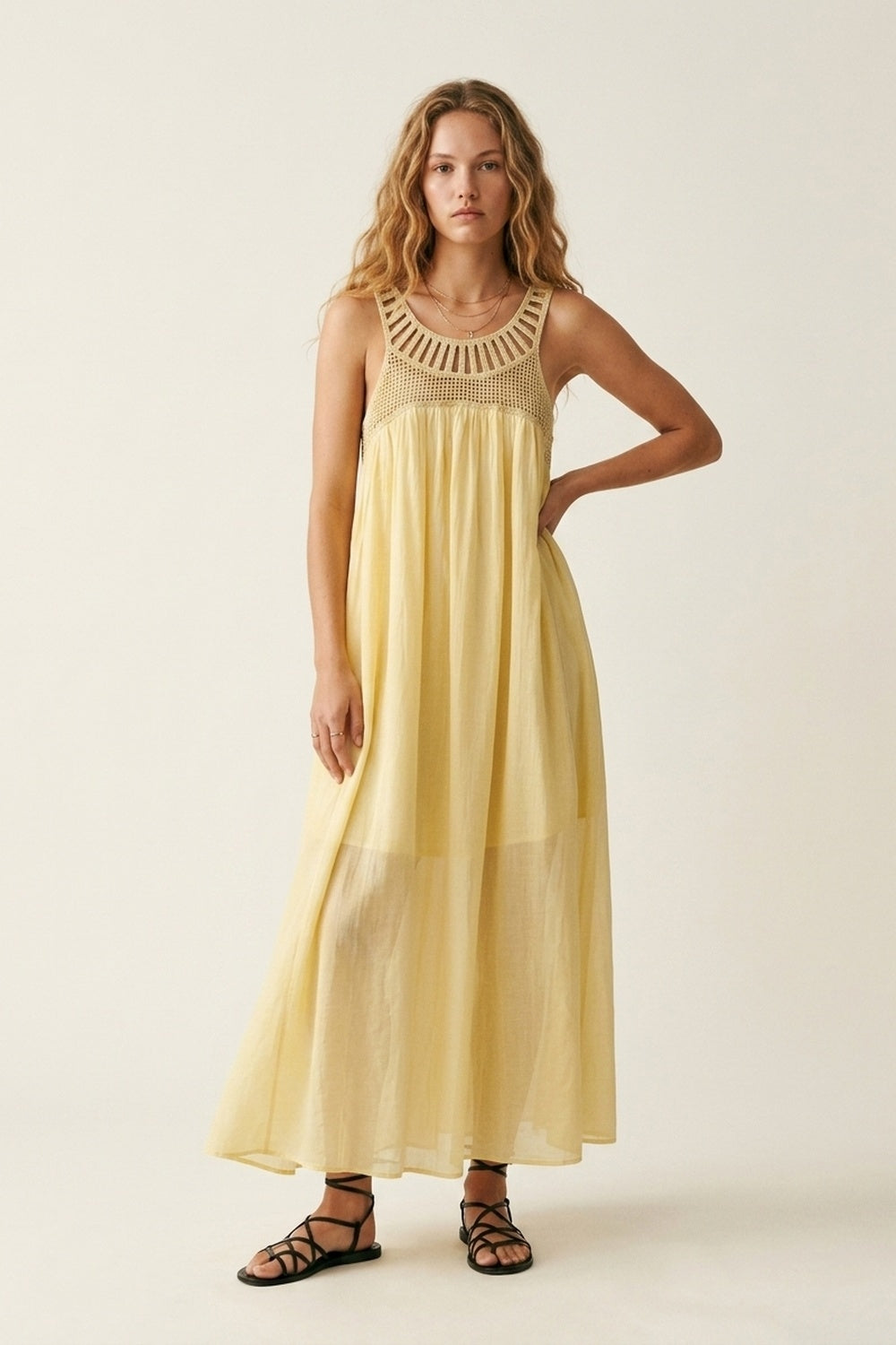 UNIKCOSA Yellow Crochet Yoke Maxi Dress with Flowing Skirt