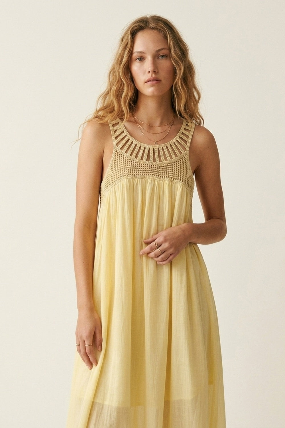 UNIKCOSA Yellow Crochet Yoke Maxi Dress with Flowing Skirt
