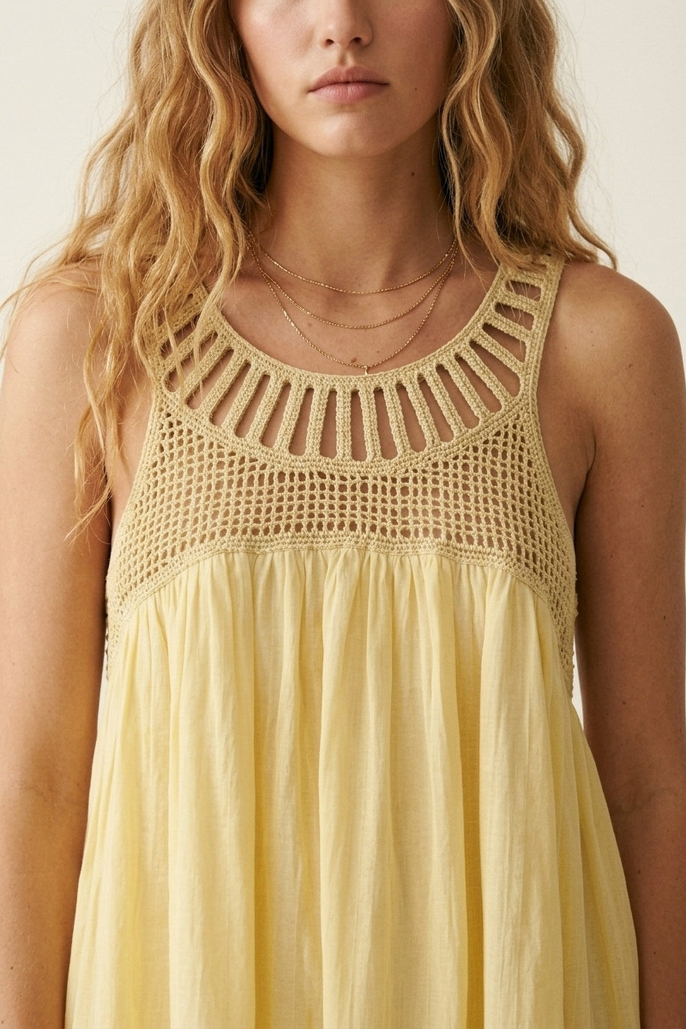 UNIKCOSA Yellow Crochet Yoke Maxi Dress with Flowing Skirt