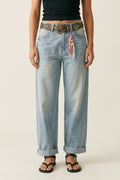 UNIKCOSA Light Blue Wide-Leg Denim Jeans mom style with Charm Detail