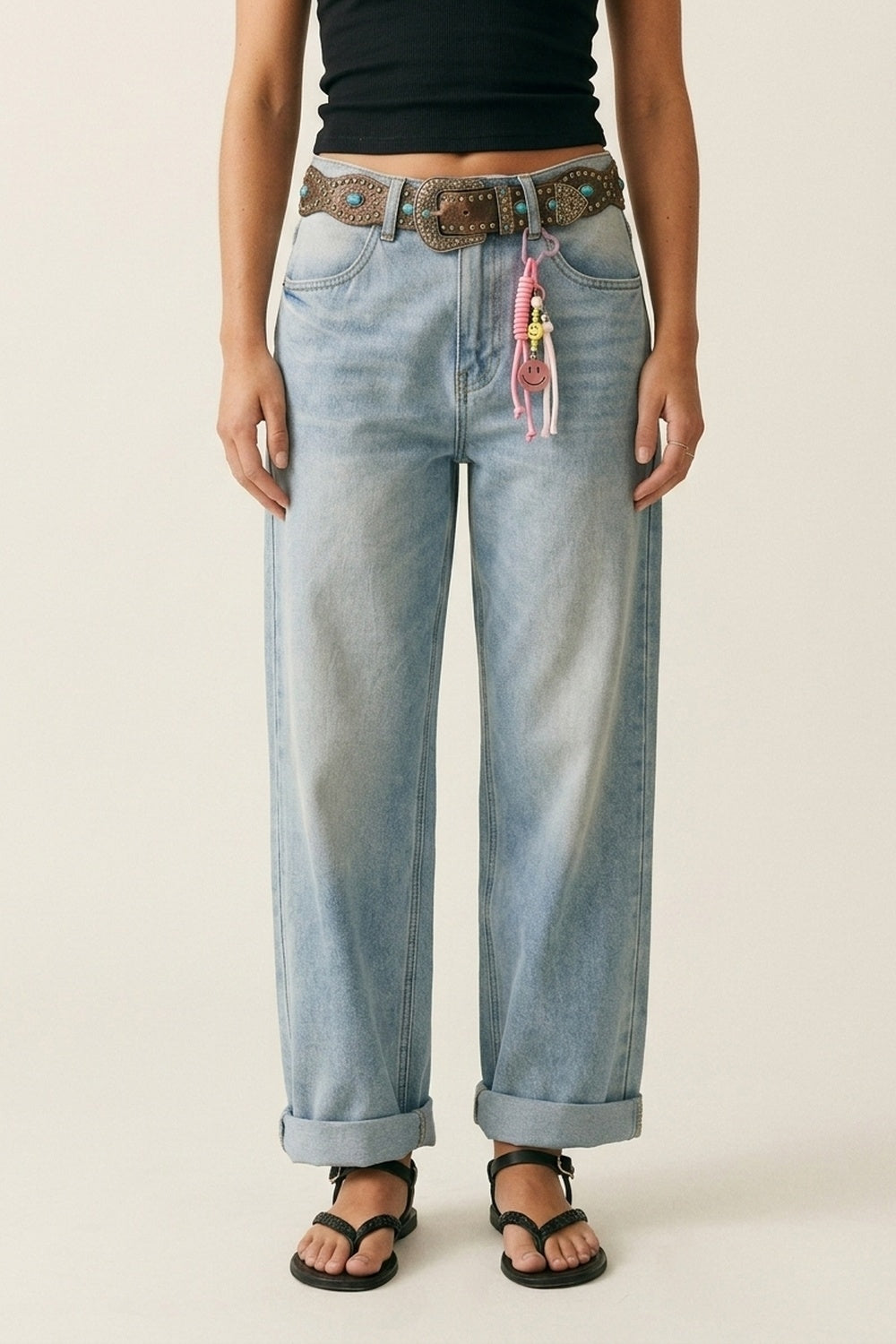 UNIKCOSA Light Blue Wide-Leg Denim Jeans mom style with Charm Detail
