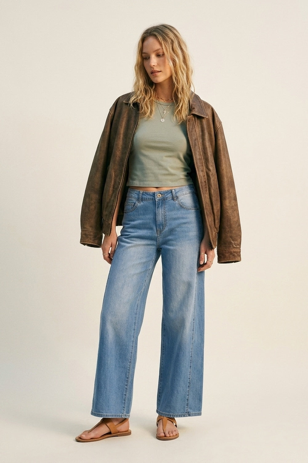 UNIKCOSA Blue Wide-Leg Light Wash Denim Jeans with side seams