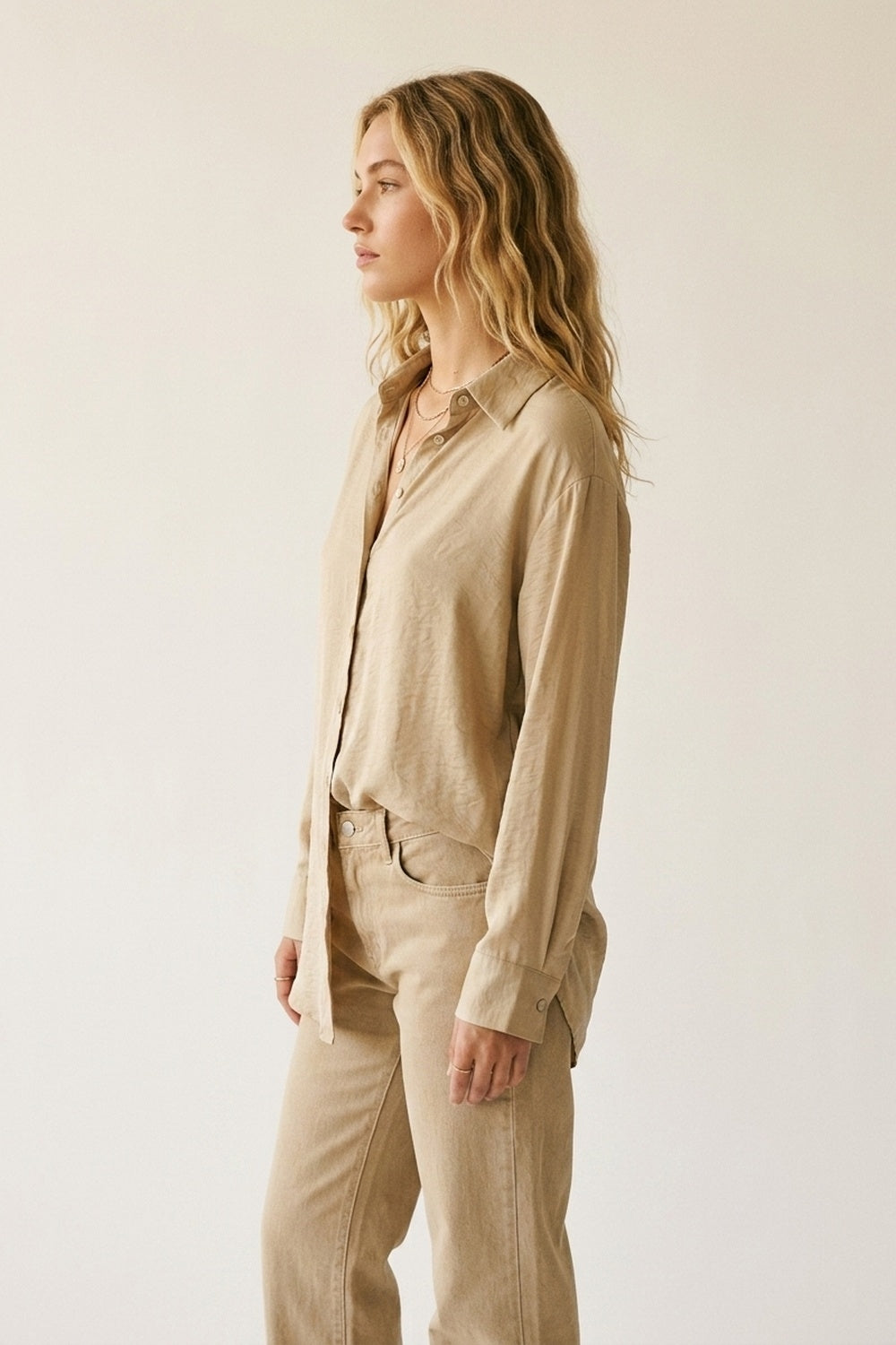 UNIKCOSA Beige Button-Front Long Sleeve Shirt Dress in shiny satin