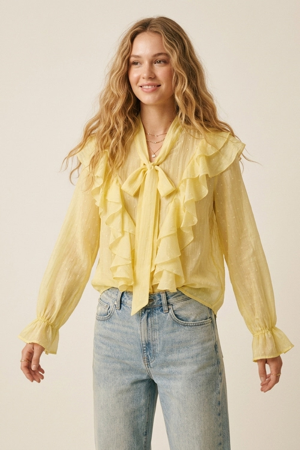 UNIKCOSA Yellow Ruffled Sheer Blouse with Bow Neck Tie