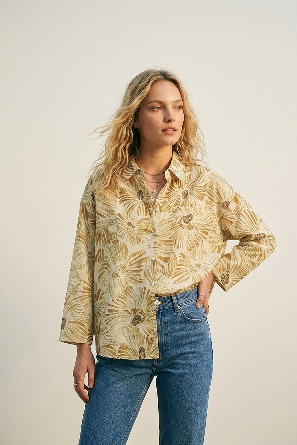 UNIKCOSA Floral Button-Up Relaxed Fit Shirt in yellow