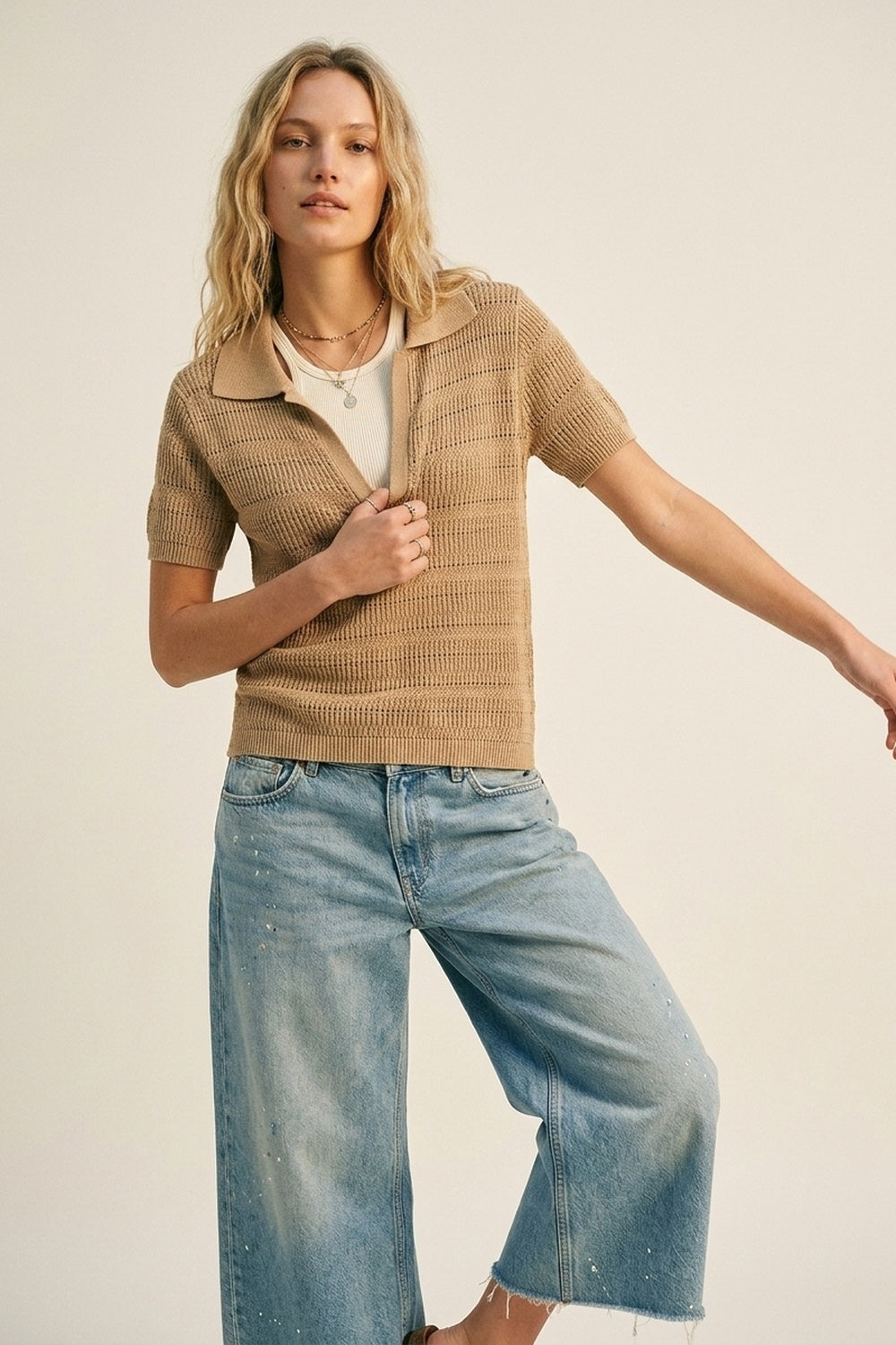 UNIKCOSA Camel Textured Knit Polo with V-Neck Collar