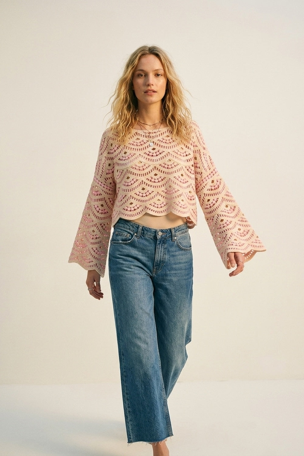 UNIKCOSA Beige Pink Crochet Geo Pattern Scallop Hem Wide Sleeve Top