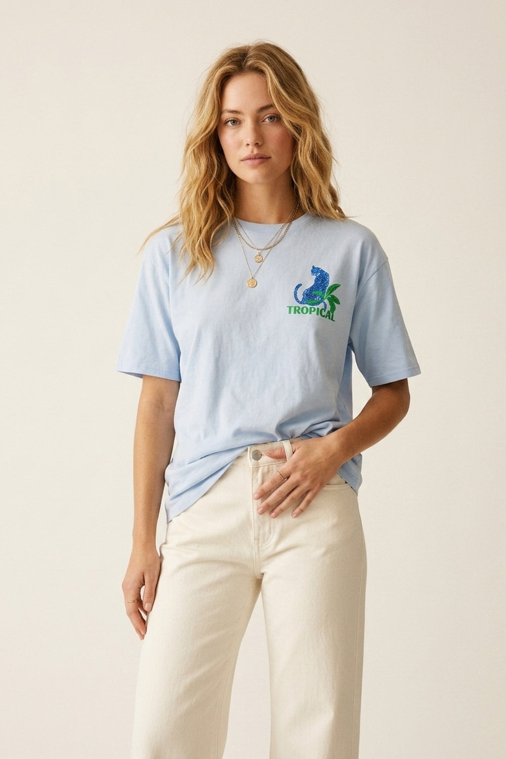 UNIKCOSA Blue t-shirt made in Italy with tropical graphic print