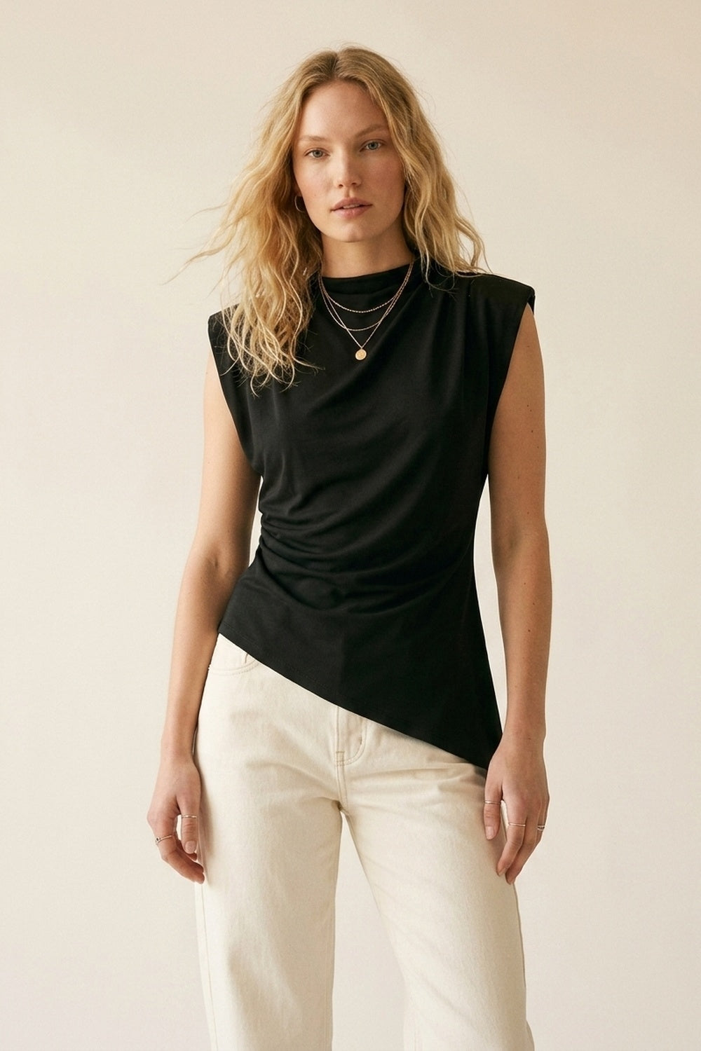 UNIKCOSA Black Lightweight Woven Asymmetric Hem Cowl Neck Sleeveless Top