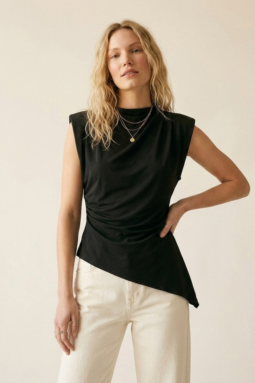 UNIKCOSA Black Lightweight Woven Asymmetric Hem Cowl Neck Sleeveless Top