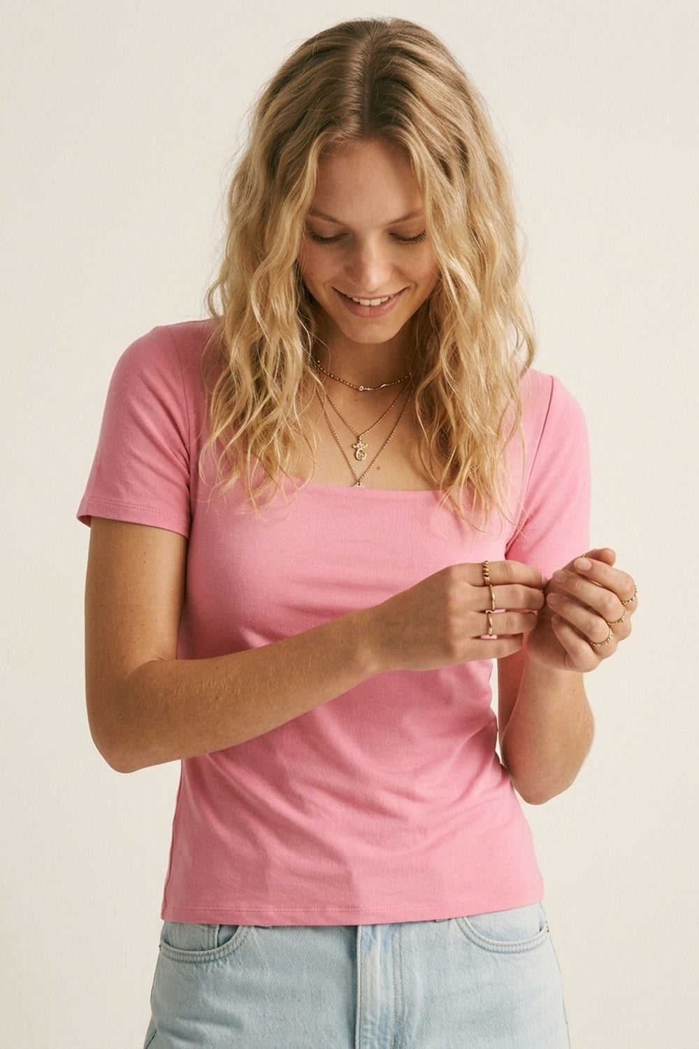 UNIKCOSA Pink Short Sleeve Square Neck Stretch Top
