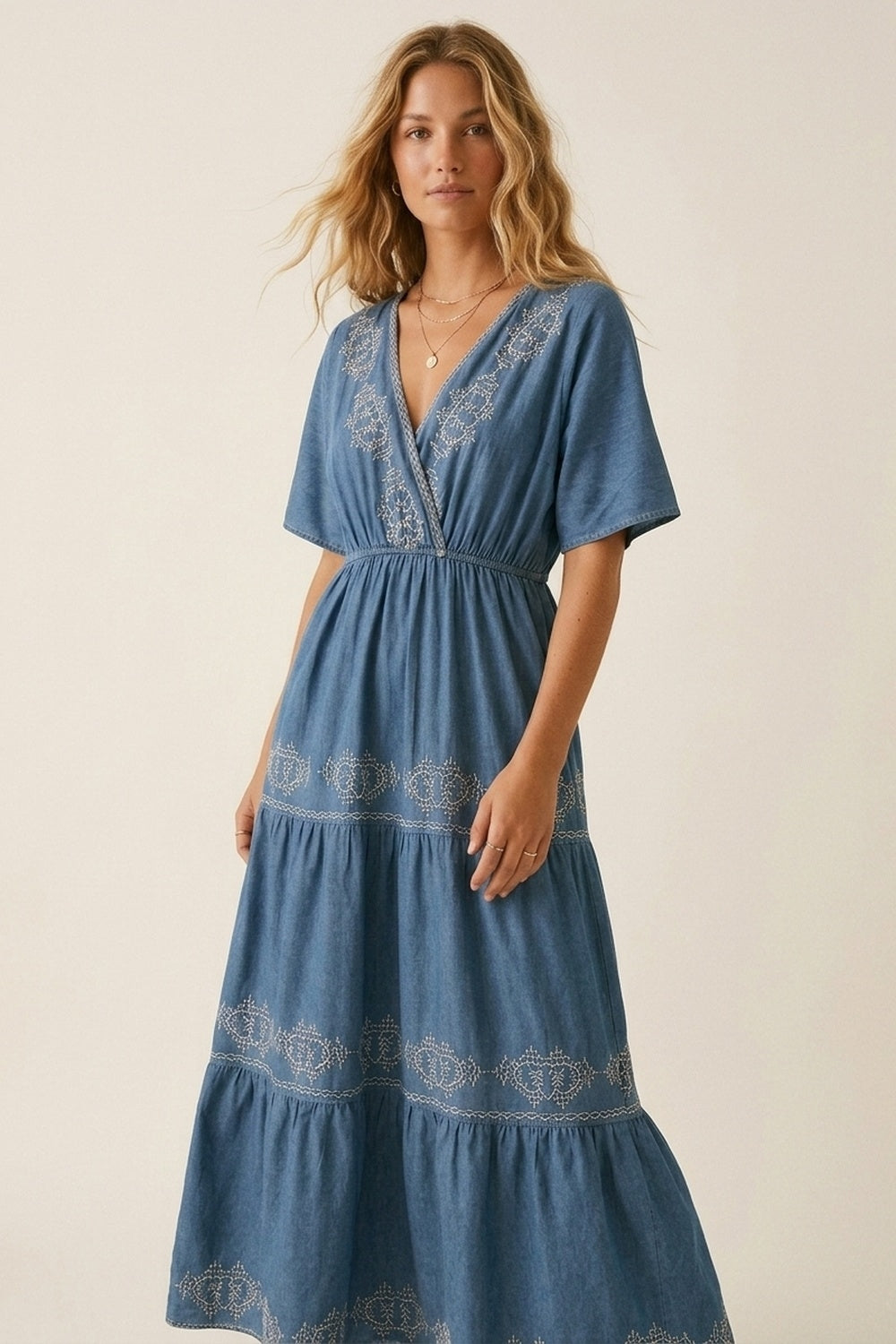 UNIKCOSA Blue Embroidered Maxi Dress with V-Neckline