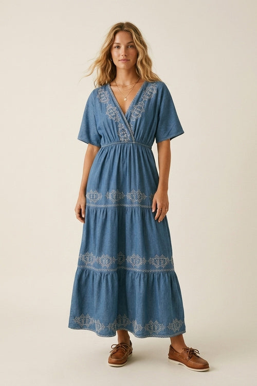 UNIKCOSA Blue Embroidered Maxi Dress with V-Neckline