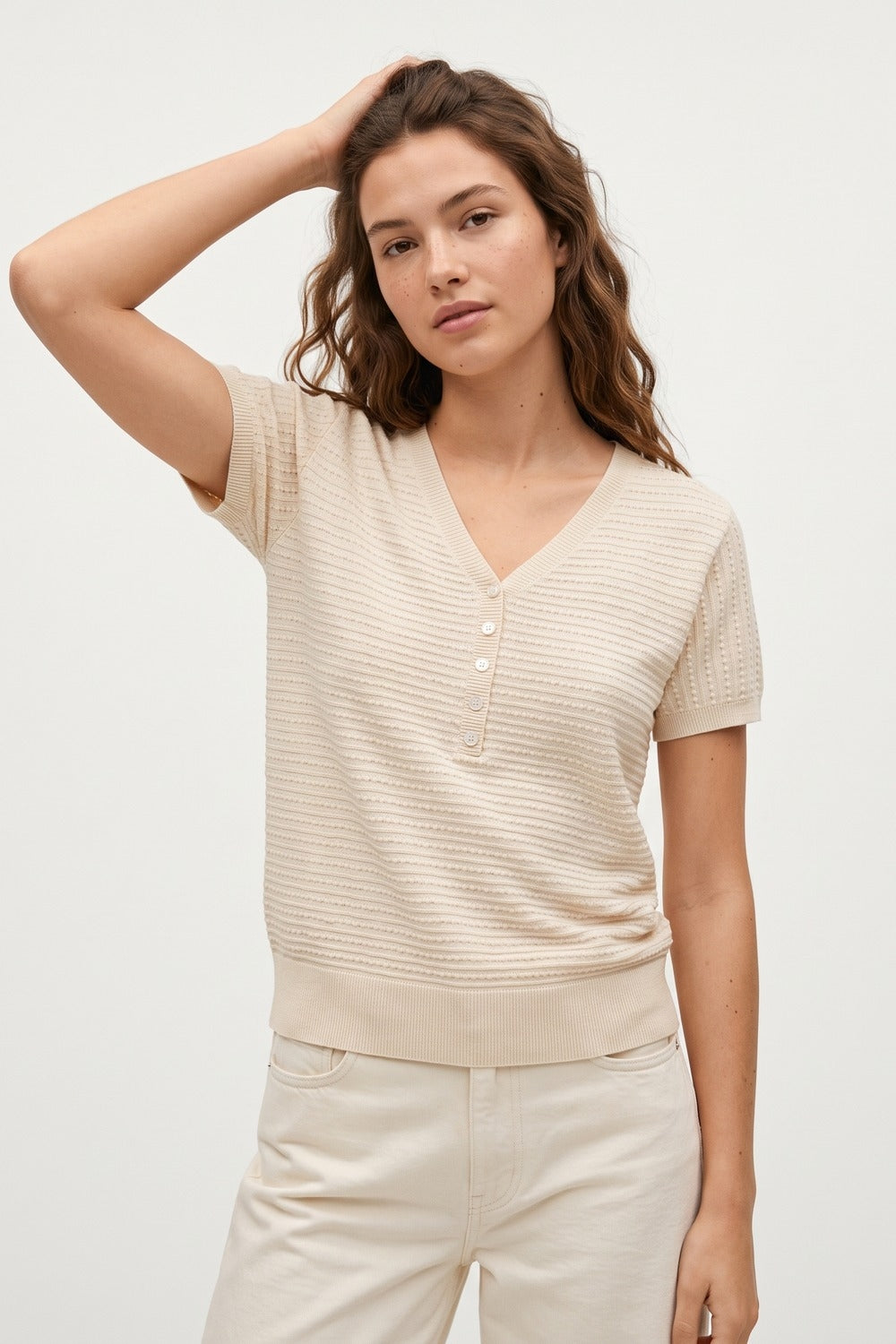 UNIKCOSA Textured Fine Knit Button Detail Short Sleeve sweater in beige