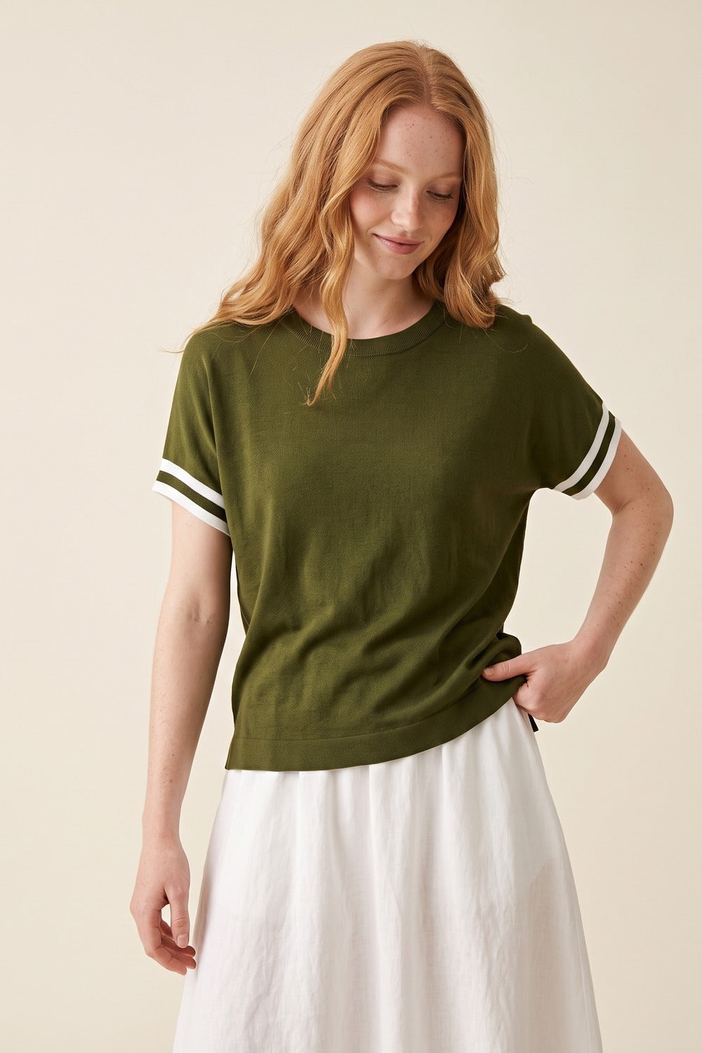 UNIKCOSA Olive Green fine Knited sweater with Striped Cuffs