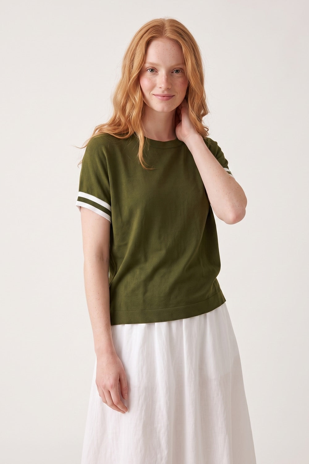 UNIKCOSA Olive Green fine Knited sweater with Striped Cuffs