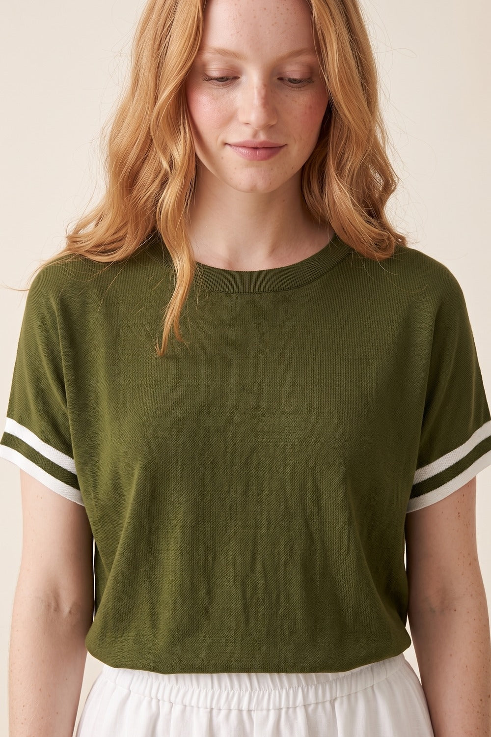 UNIKCOSA Olive Green fine Knited sweater with Striped Cuffs