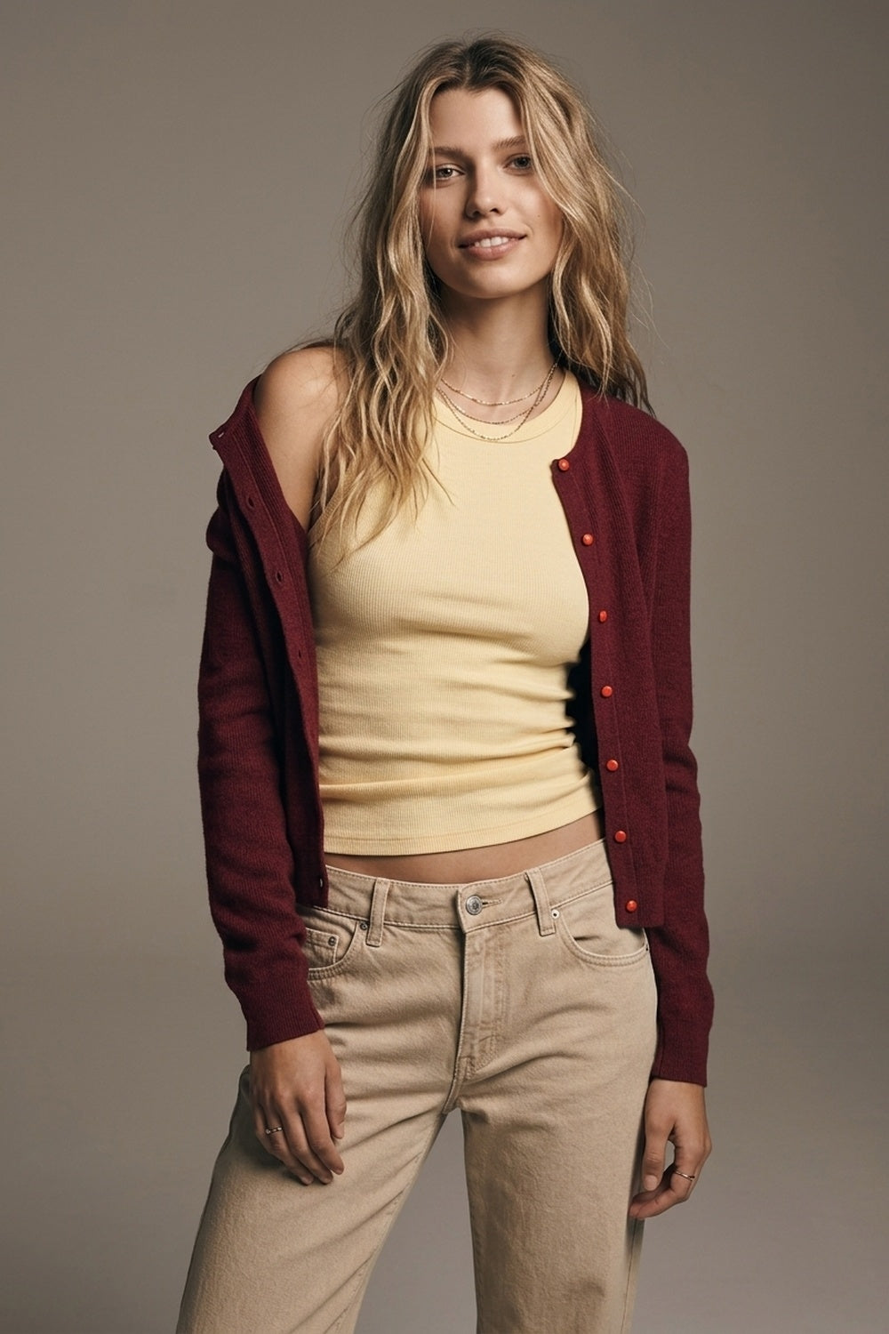 UNIKCOSA Burgundy Fine Knit Button Front Crew Neck Regular Fit Cardigan Sweater