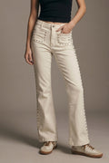 UNIKCOSA Cream Flared Jeans with Studded Trim Detail