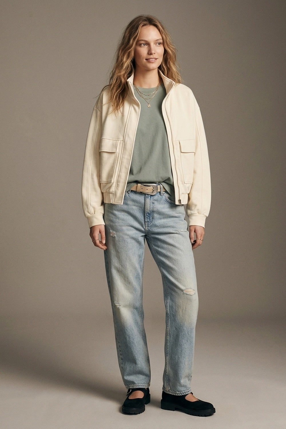 UNIKCOSA Cream viscose High Collar Pocket Front Relaxed Fit Bomber Jacket
