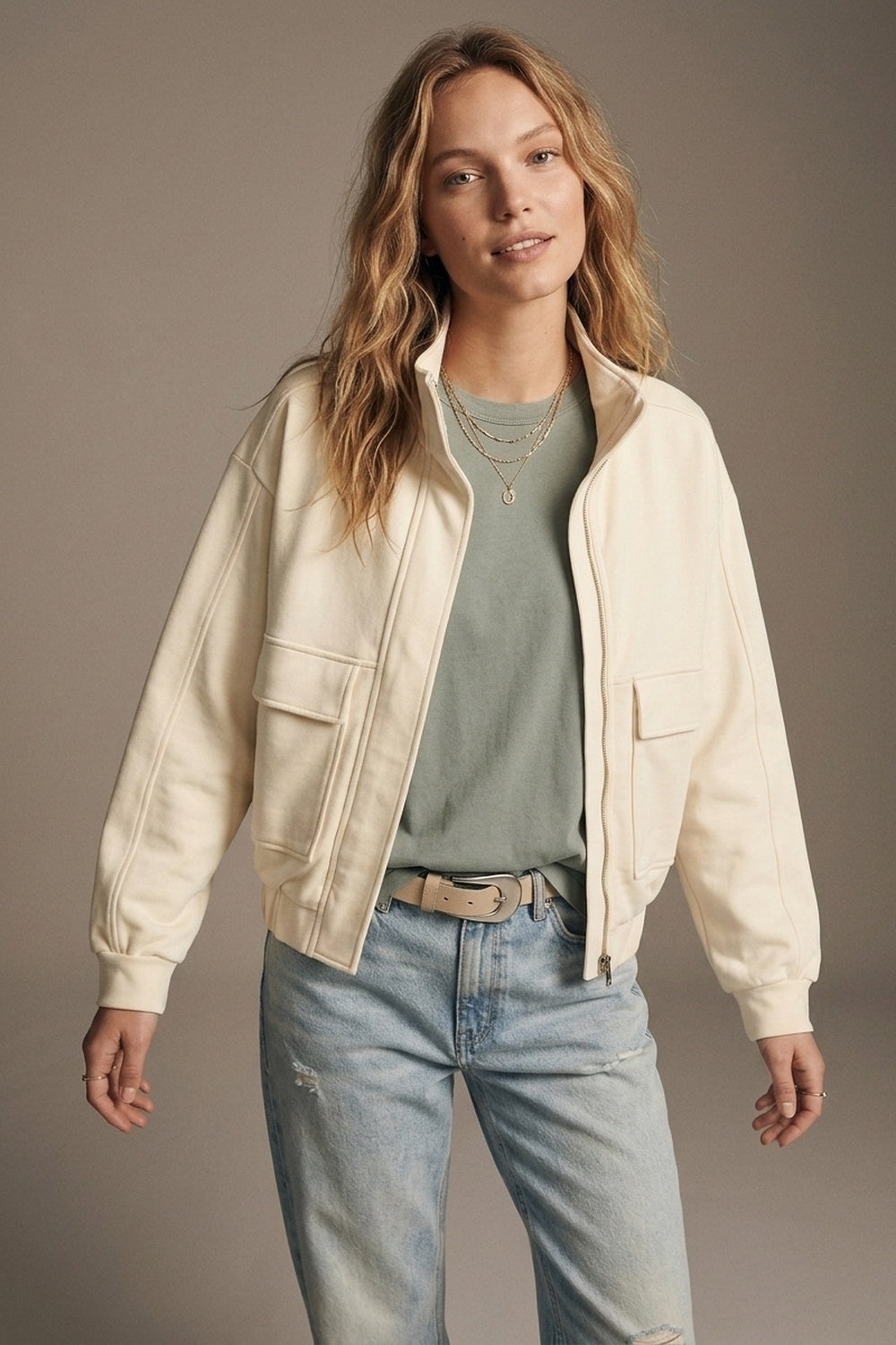 UNIKCOSA Cream viscose High Collar Pocket Front Relaxed Fit Bomber Jacket