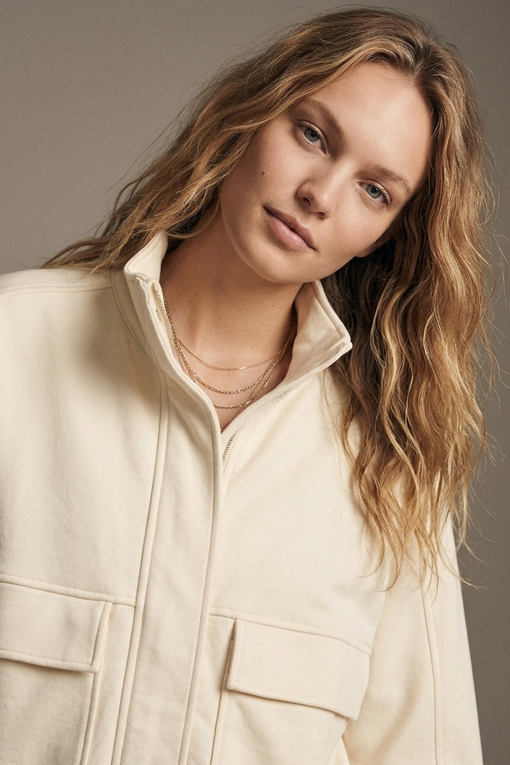 UNIKCOSA Cream viscose High Collar Pocket Front Relaxed Fit Bomber Jacket