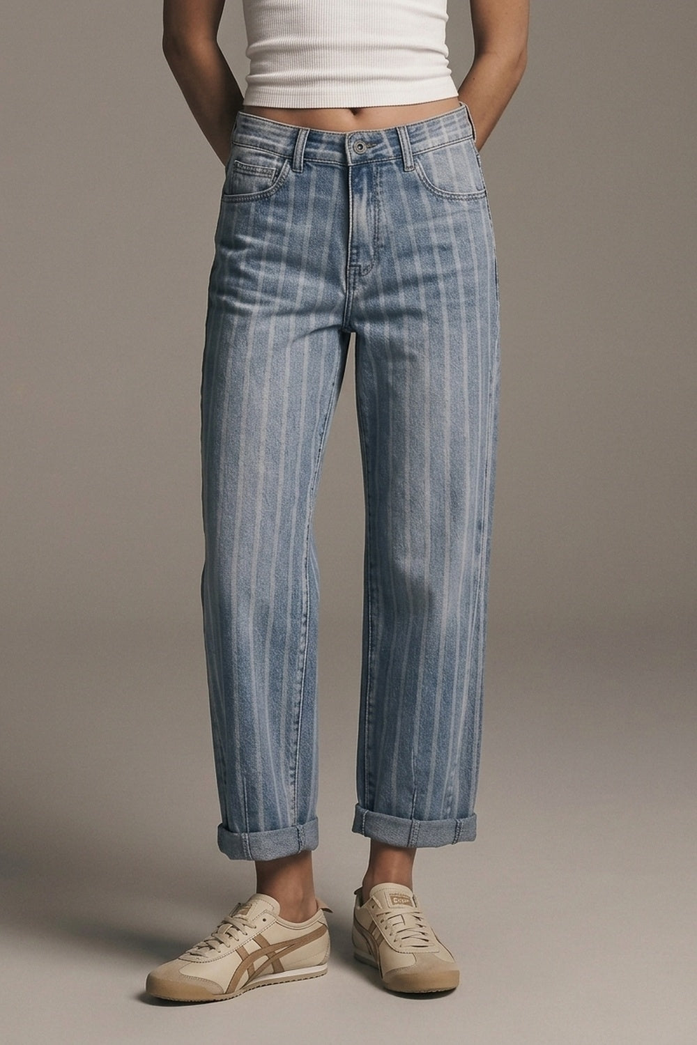 UNIKCOSA Stripe Design stretch Denim mom Leg Jeans in medium wash