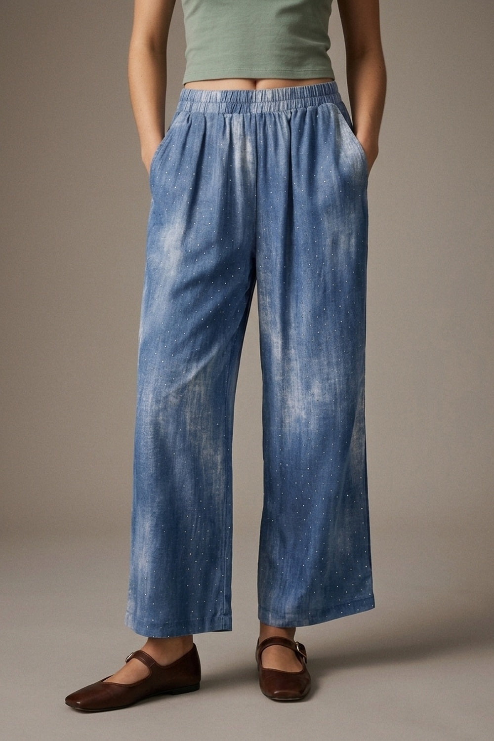 UNIKCOSA Blue Tie-Dye chiffon Elastic Waist Pants with embellished strass