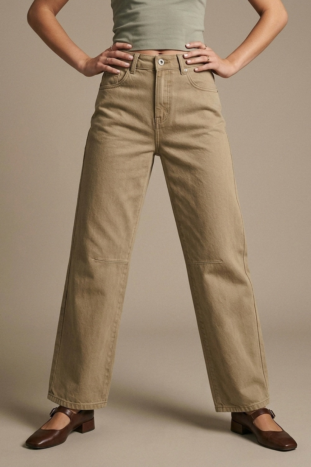 UNIKCOSA Beige Soft Stretch Denim Wide Leg Jeans with seam at the knee