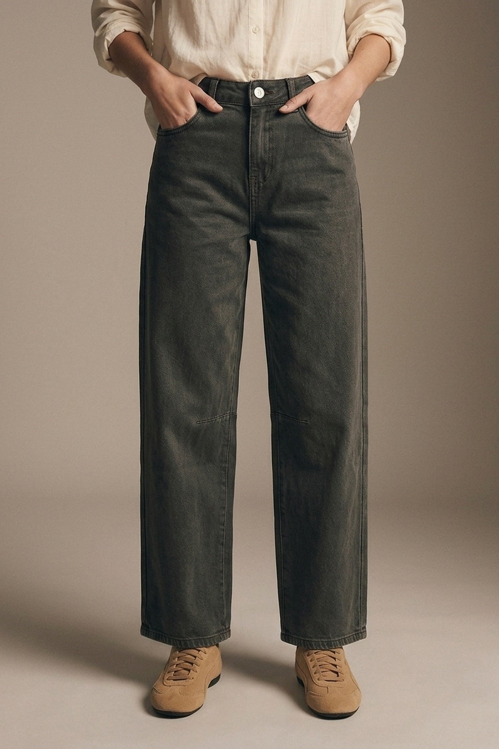 UNIKCOSA khaki Vintage Wash Denim Wide Leg Jeans with seam at the knee